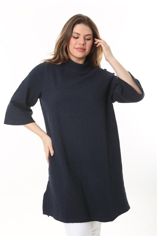 Kadın Büyük Beden Lacivert Dik Yakalı Kendinden Desenli Kapri Kollu Tunik Elbise 65N37518