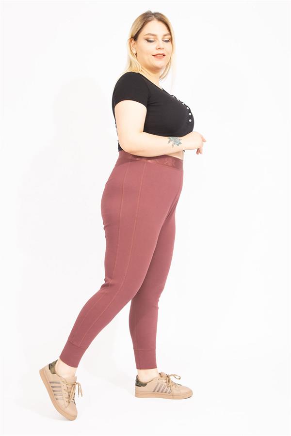 Kadın Büyük Beden Pamuklu Kumaş Kendinden Çizgili Paça Ribana Ve Bel Lastikli Eşofman Alt 65N35591