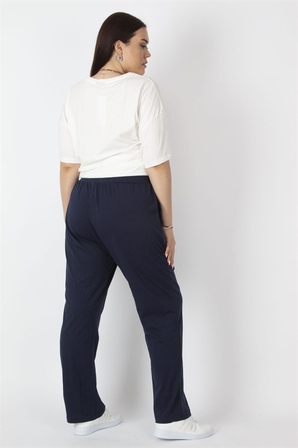 Kadın Lacivert Pamuklu Kumaş Bel Detaylı Spor  Pantolon 65N31837