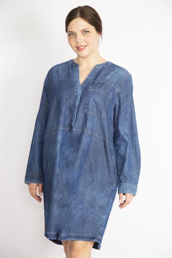 Kadın Lacivert Büyük Beden Yıkama Efektli Ön Patı Çıtçıt Düğmeli Kot Elbise
