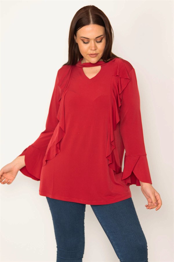 KADIN BORDO YAKA VE VOLAN DETAYLI BLUZ