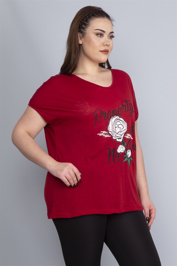 Kadın Bordo Baskı Detaylı Düşük Kol Bluz 65N22675