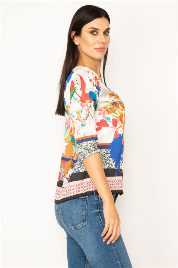 BLOUSE COLORÉE À COL RAS DU COU À MOTIF FLEURI POUR FEMME
