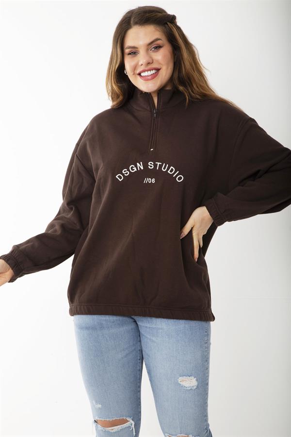 Kadın Büyük Beden Kahve İçi Şardonlu Ön Pat Fermuarlı Nakışlı Sweatshirt 65N37202