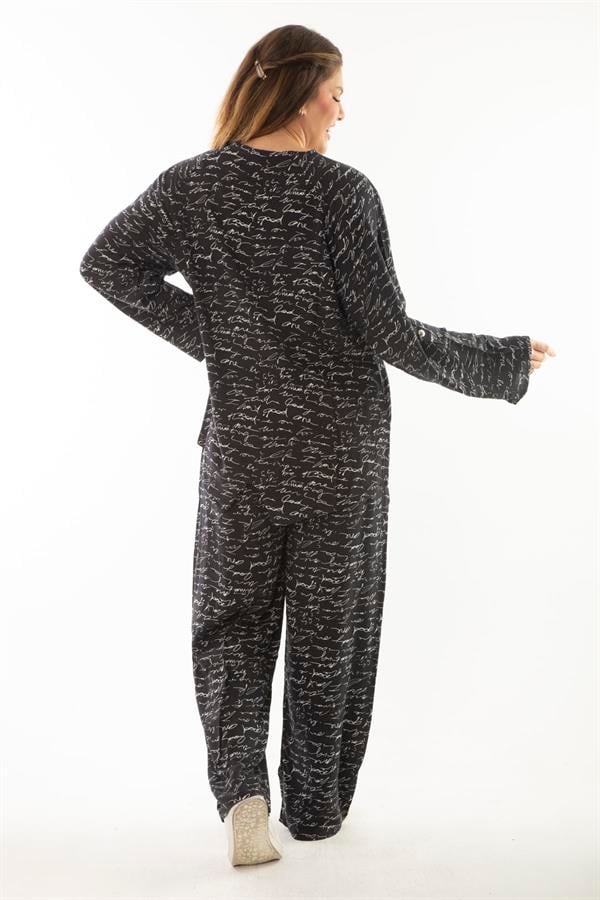 Kadın Büyük Beden Kemik Dokuma Viskon Kumaş Ön Fermuarlı Bluz Pantolon İkili Takım 65N37005