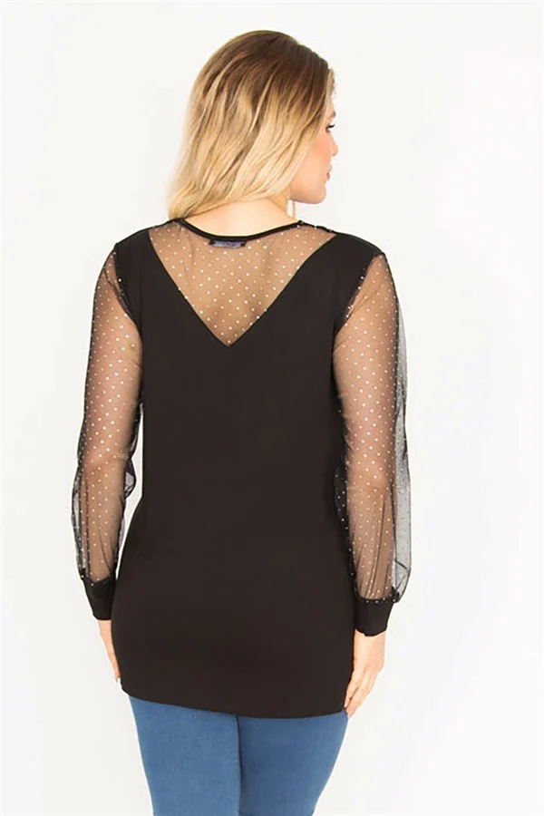 Kadın Mürdüm Yaka Ve Kolları Simli Tül Bluz 65N35185