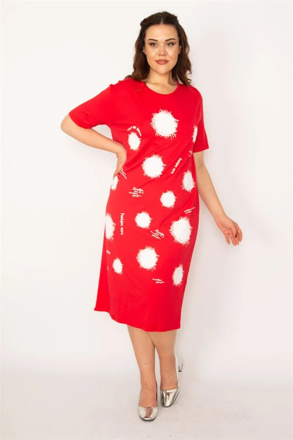 Kadın Kırmızı Ön Baskılı Viskon Elbise 65N33248
