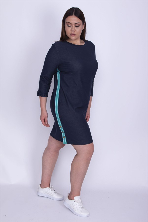 Kadın Lacivert Tensel Kot Yanları Metal Düğme Yırtmaçlı Yan Şeritli Elbise 65N25966