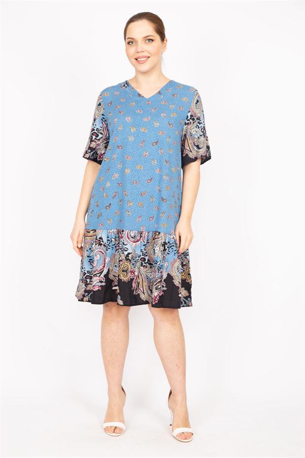 Kadın Mavi Büyük Beden Dokuma Viskon Kumaş Şal Desenli Elbise 65N35834