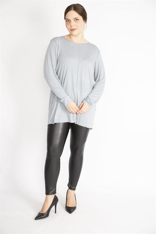Kadın Gri Büyük Beden Bisiklet Yakalı Uzun Kollu Likralı Tunik