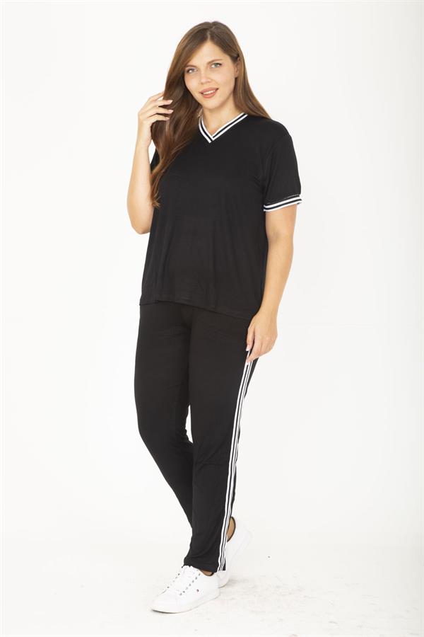 Kadın Büyük Beden Lacivert Ribanall Kısa Kollu Bluz Pantolon Eşofman Takım 65N36811