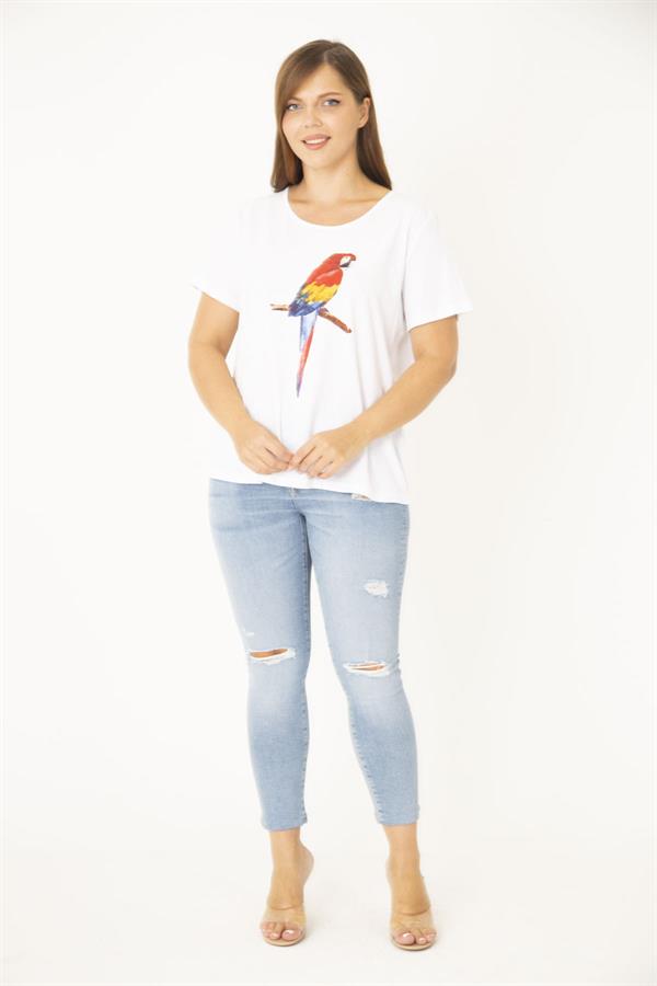 Kadın Büyük Beden Beyaz Pamuk Kumaş Ön Baskılı Bluz 65N36938