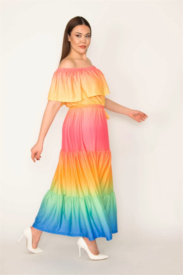 KADIN RENKLİ YAKASI LASTİK VE VOLAN DETAYLI KATLI ELBİSE