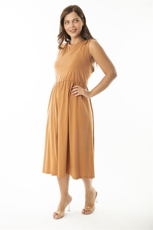 Kadın Büyük Beden Oranj Beli Lastik Detaylı Kolsuz Elbise 65N36903