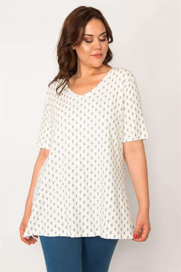 Kadın Kemik Pamuklu Kumaş V Yakalı Desenli Bluz 65N33540