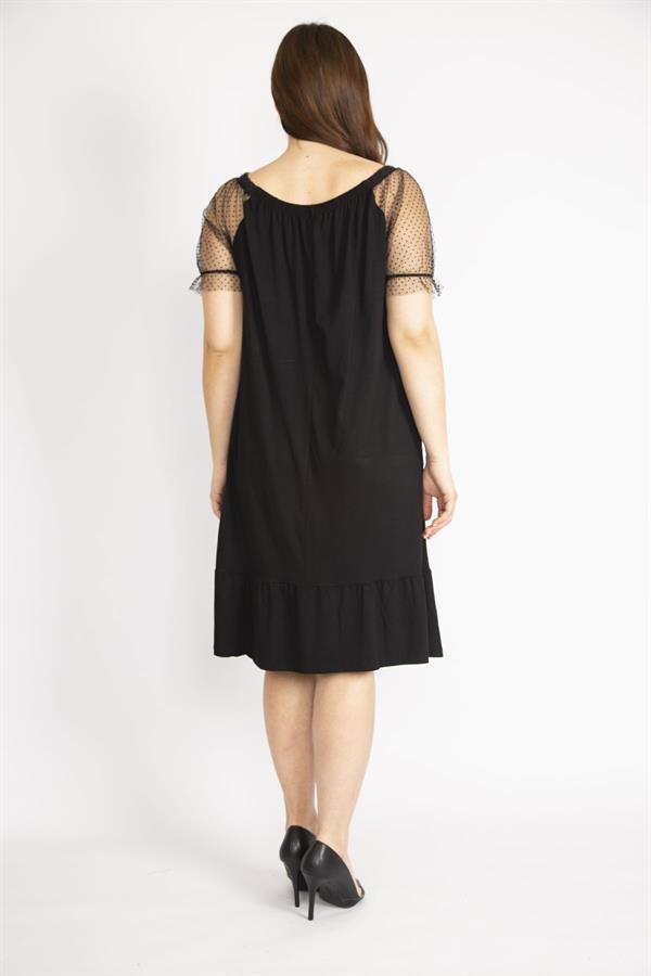 Kadın Kırmızı Büyük Beden Kolları Tül Yakası Lastik Detaylı Etek Ucu Katlı Elbise