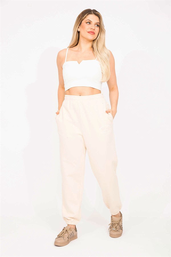 Kadın Bej 3 İplik Polar Kumaş İçi Şardonlu Eşofman Alt 65N35293