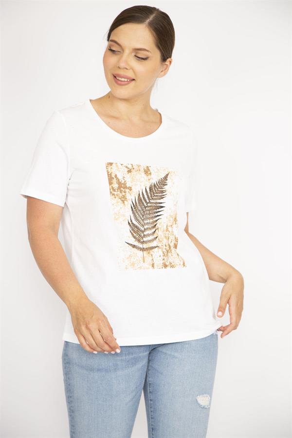 Kadın Kemik Büyük Beden Pamuk Kumaş Bisiklet Yakalı Kısa Kollu Ön Baskılı Bluz