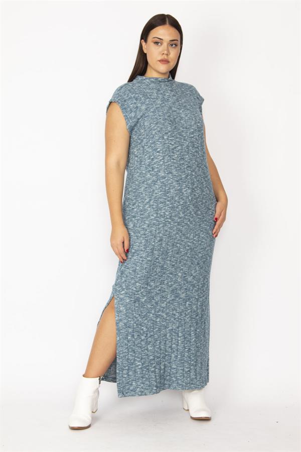 Kadın Gri Dik Yakalı Yan Yırtmaçlı Likralı Elbise 65N28715