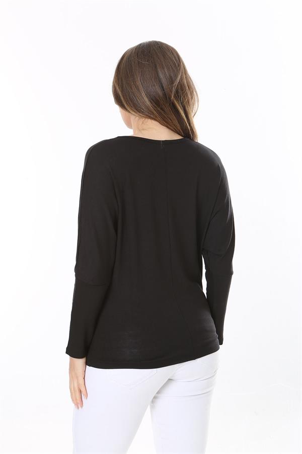 Kadın Büyük Beden Siyah Taş Detaylı Yarasa Kol Bluz 65N37805