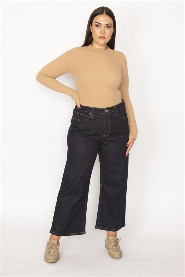 Kadın Lacivert Geniş Paçalı Yüksek Bel 5 Cepli Likralı Kot Pantolon 65N29279