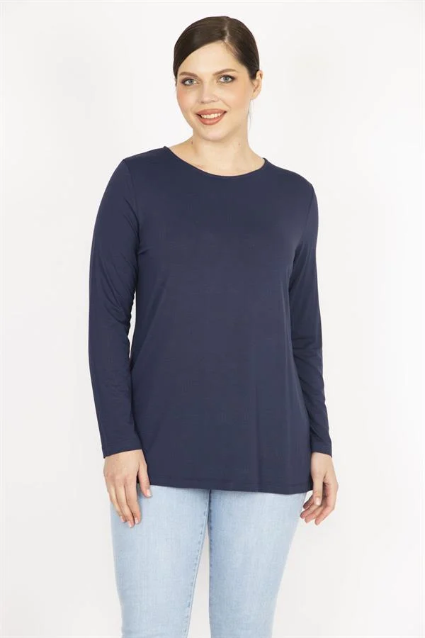 Kadın Lacivert Büyük Beden Bisiklet Yakalı Arka Fermuar Detaylı Bluz