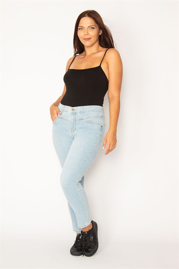 Kadın Mavi Ön Kup Detaylı Yan Kemeri Lastikli Likralı Kot Pantolon 65N34332