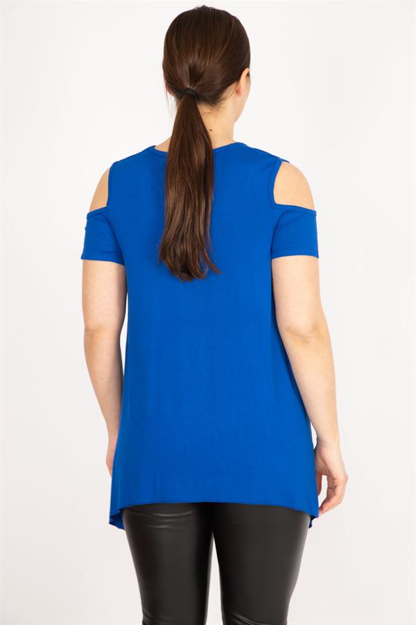 Kadın Saks Büyük Beden Omuz Dekolteli Asimetrik Kesim Viskon Bluz