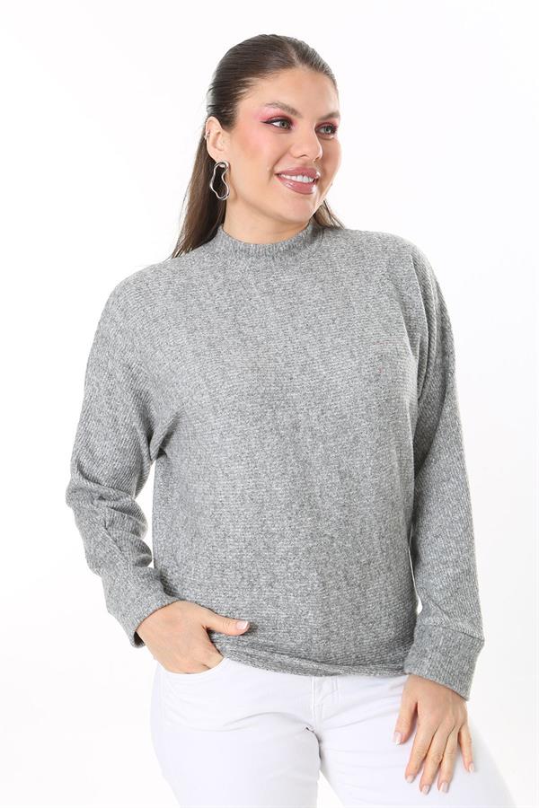 Kadın Büyük Beden Bebe Mavisi Yün Viskon Kumaş Yarasa Kollu Bluz 65N37703