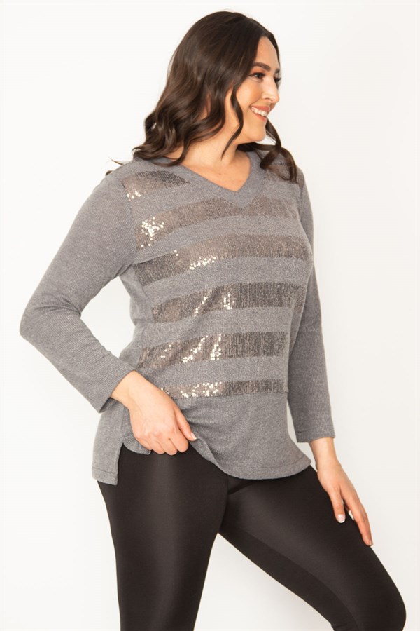 Kadın Gri Pul Payet Detaylı V Yaka Bluz 65N30407