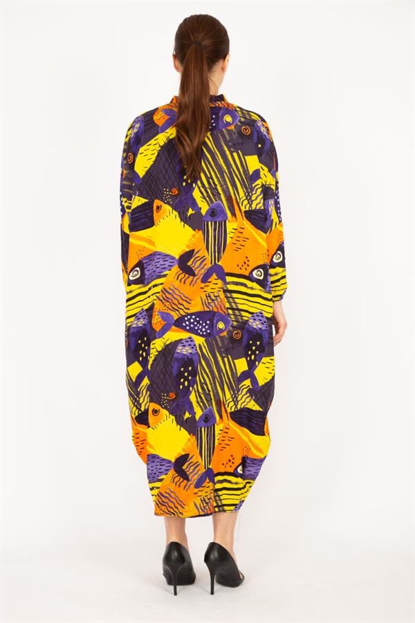 Kadın Fujya Büyük Beden Dokuma Viskon Kumaş Ön Boy Düğmeli Elbise