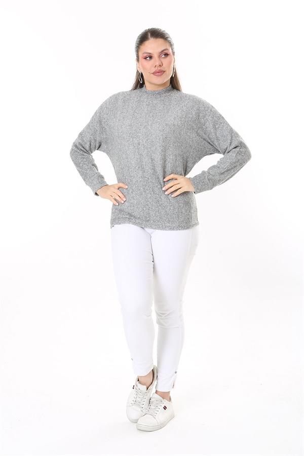 Kadın Büyük Beden Bebe Mavisi Yün Viskon Kumaş Yarasa Kollu Bluz 65N37703