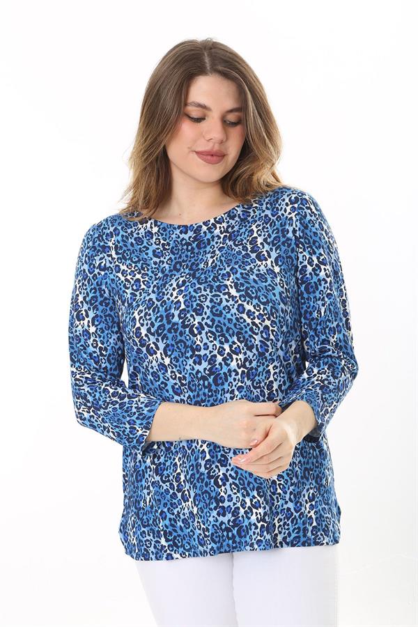 Kadın Büyük Beden Mavi Sırt Detaylı Bisiklet Yakalı Kapri Kollu Bluz 65N37586