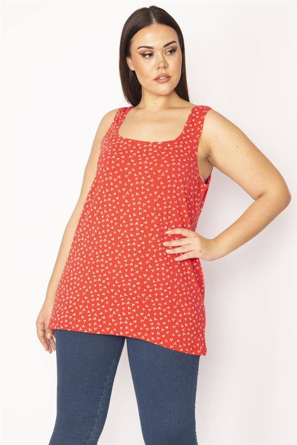 Kadın Kırmızı Büyük Beden Pamuklu Kumaş Likralı Kolsuz Bluz