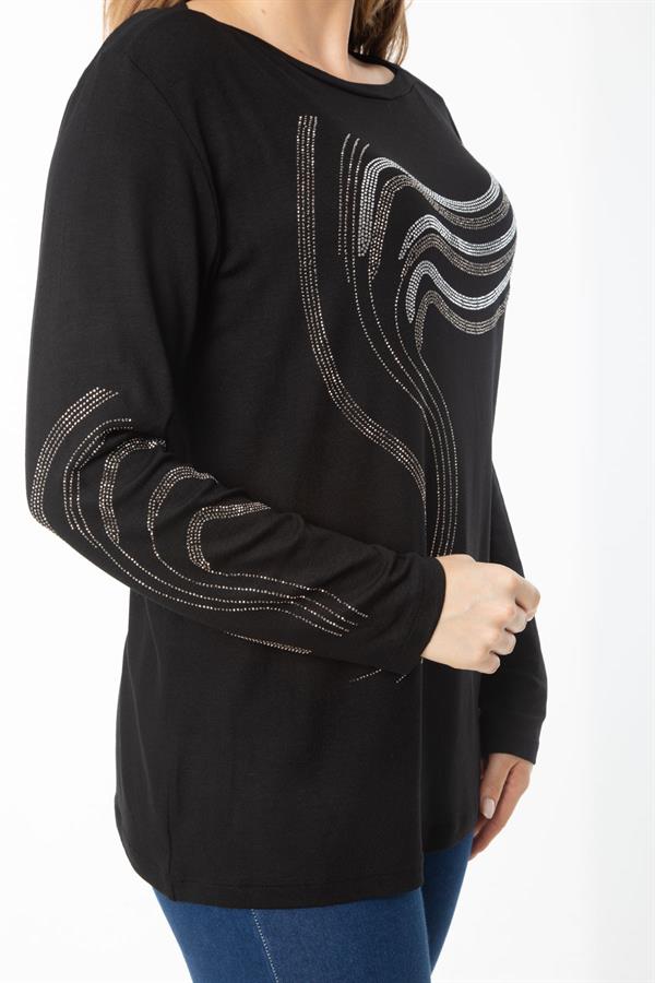 Kadın Büyük Beden Siyah Kol Ve Önü Taş Detaylı Bluz 65N37325