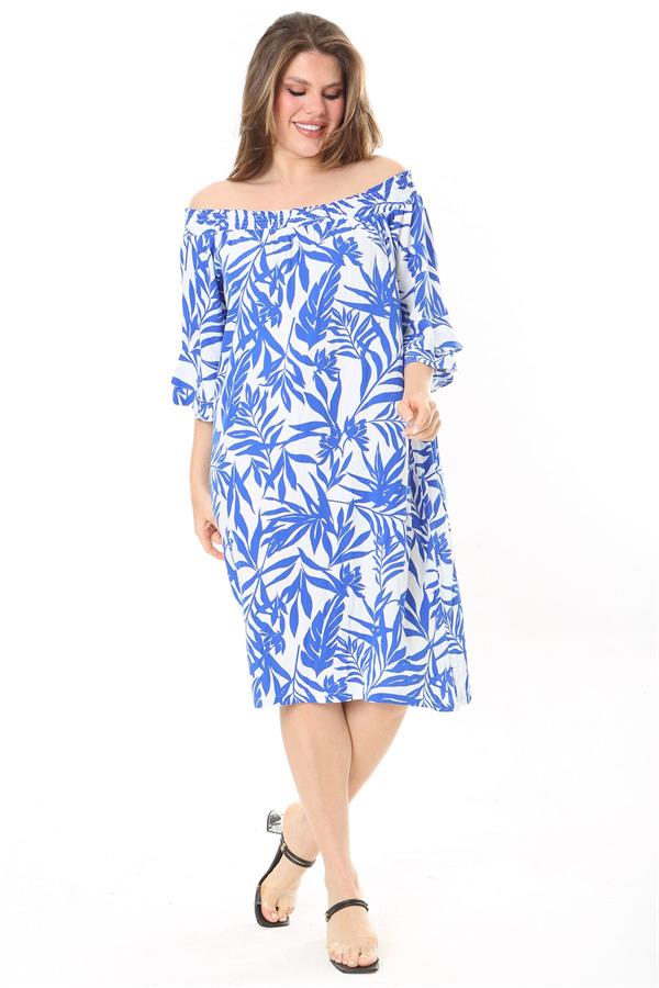 Kadın Mavi Yakası Lastik Detaylı Dokuma Viskon Kumaş Elbise 65N37864