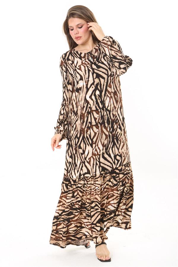Kadın Kahve Dokuma Viskon Kumaş Eteği Katlı Uzun Kollu Elbise 65N37867