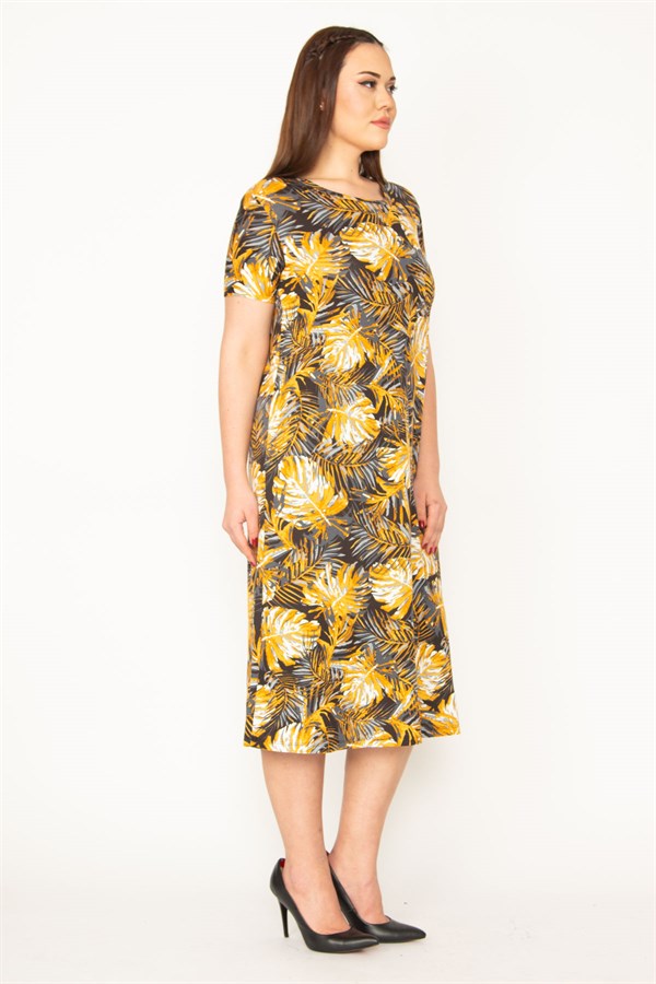 KADIN RENKLİ ÇİÇEK DESENLİ KISA KOL VİSKON ELBİSE