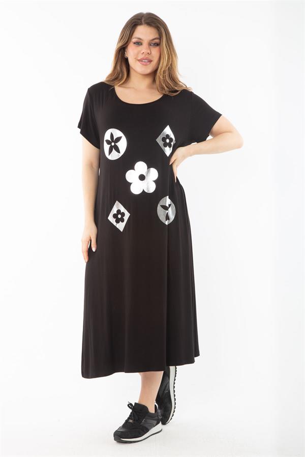 Kadın Büyük Beden Siyah Lame Baskılı Elbise