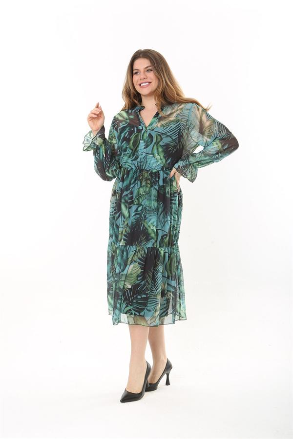 Kadın Büyük Beden Yeşil V Yakalı Etek Ucu Katlı Astarlı Tül Elbise 65N37556