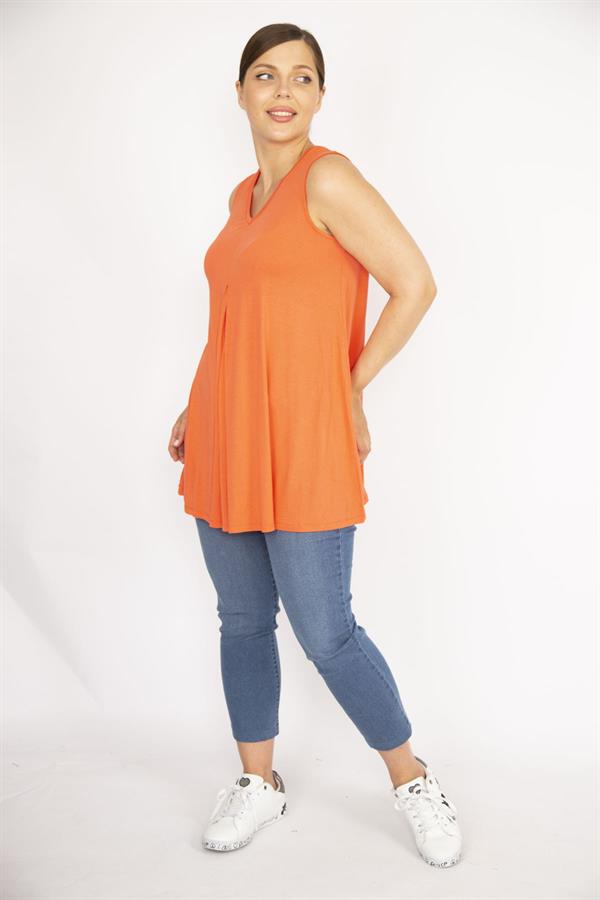 Kadın Oranj Büyük Beden V Yakalı Önü A Pile Bluz