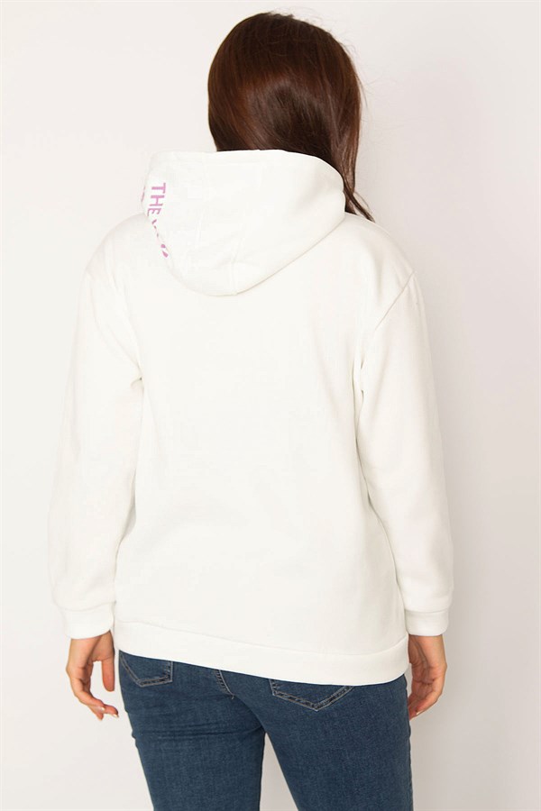 Women's White Hooded Kangaroo Pocket Fleece Sweatshirt with Raised Inside 65N34583