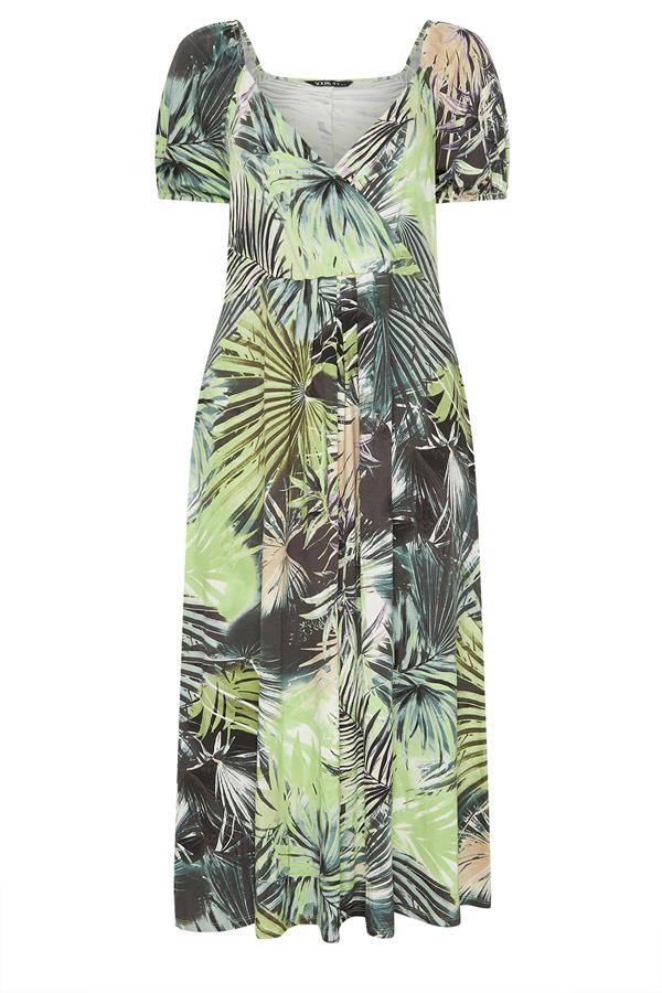 Kadın Büyük Beden Yeşil, Anvelop Yaka, Kısakol, Çiçek Desenli Uzun Elbise 65N38999