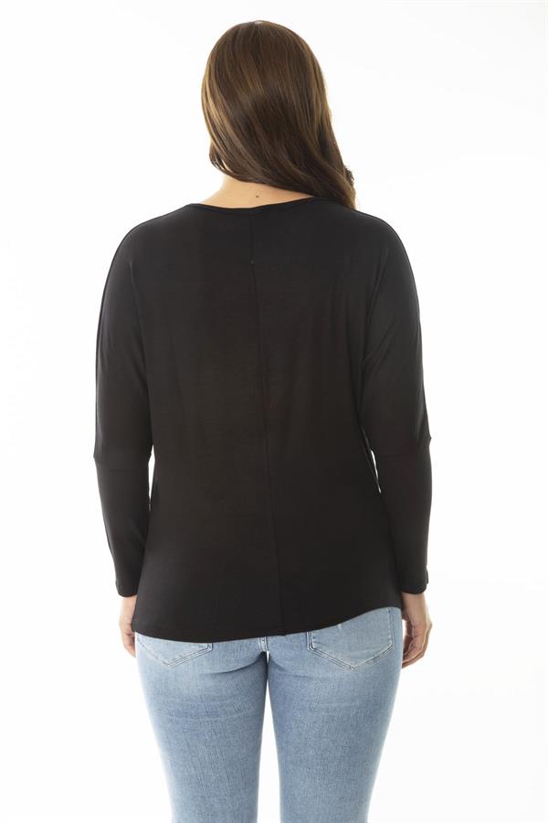 Kadın Büyük Beden Siyah Taş Detaylı Yarasa Kol Bluz 65N36862