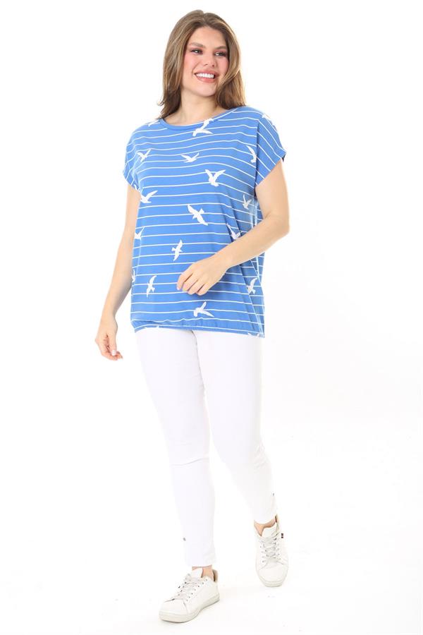 Kadın Büyük Beden Mavi Pamuk Kumaş Etek Ucu Lastikli Düşük Kollu Bluz 65N37896