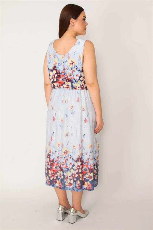 Kadın Mavi Bel Kısmı Lastikli Desenli Elbise 65N33217