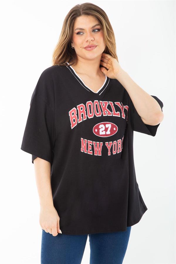 Kadın Büyük Beden Siyah Pamuklu Kumaş V Yaka Ribana Ve Baskı Detaylı Tunik 65N37456