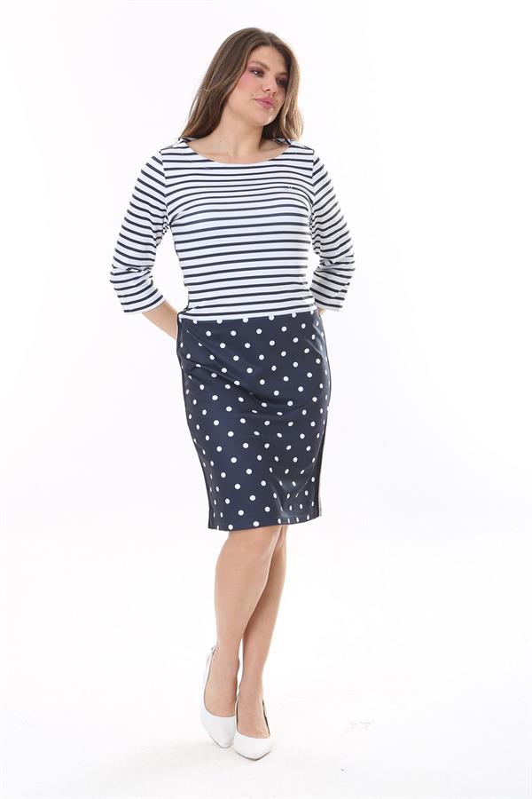 Kadın Büyük Beden Lacivert Marin Desen Likralı Saten Elbise 65N37785