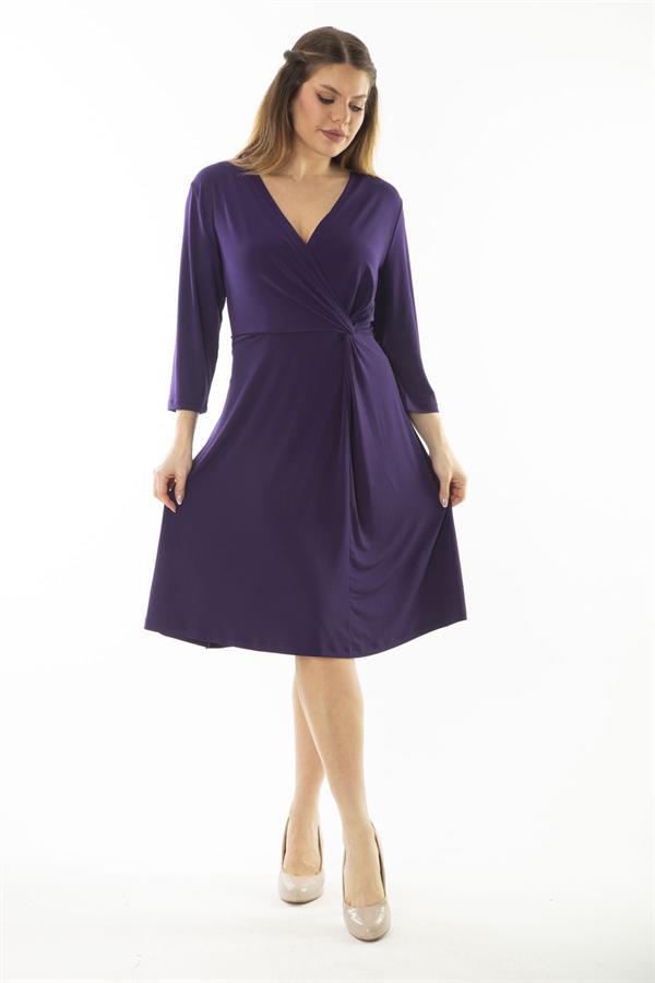 Kadın Büyük Beden Mor Anvelop Yakalı Kapri Kollu Elbise 65N37067
