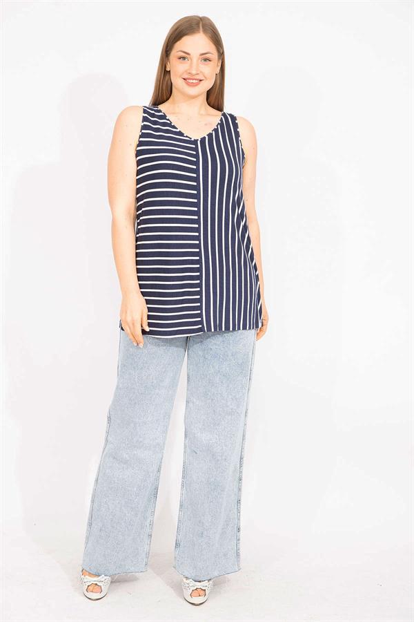 Kadın Lacivert Büyük Beden Çizgi Kombinli Bluz 65N35714